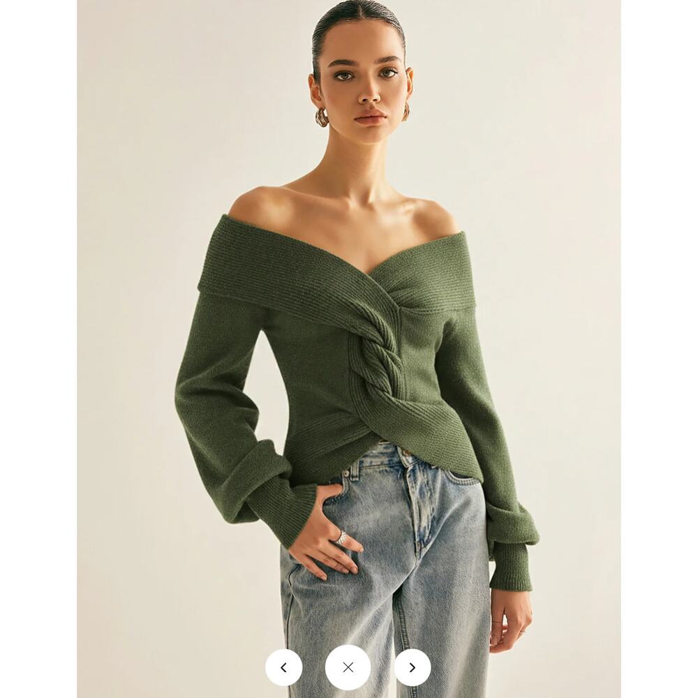 Commense Off-Shoulder Twist Knit Top Sz L